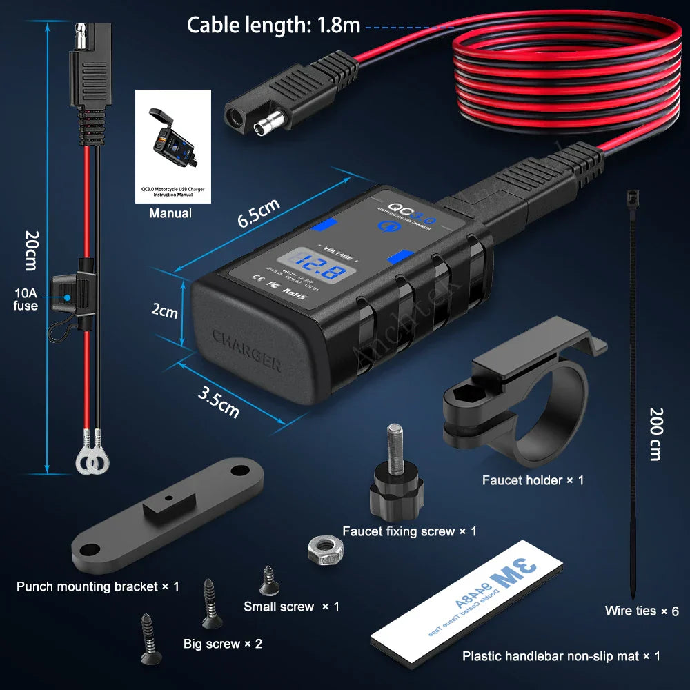 Quick Charge 3.0 Motorcycle USB Charger 6.4A Waterproof with Voltmeter - Fast Charging Accessory for All Devices