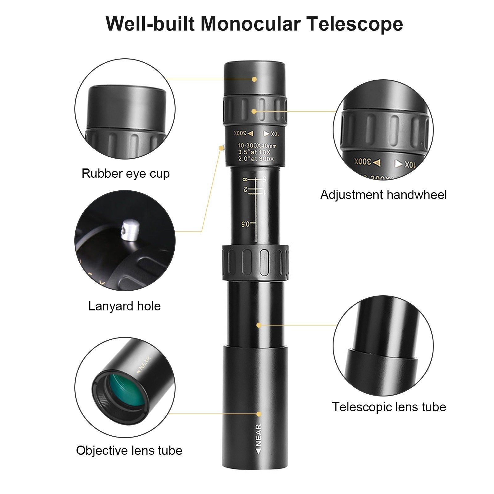 10X-300X Mini Monocular Telescope BAK4 Prisms Life Water-resistant with Phone Holder Mini Tripod Stand Carry Bag for Watching Scenery Bird Wildlife Concert Sports Events