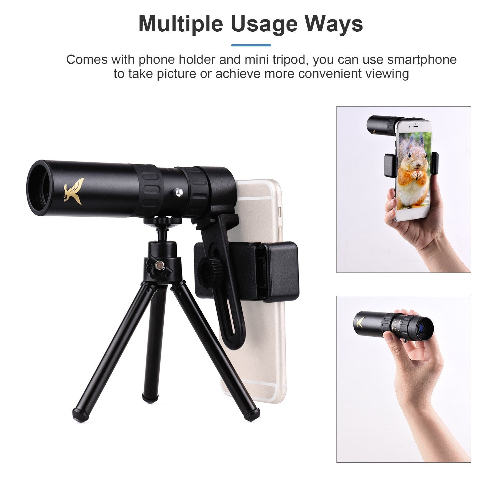10X-300X Mini Monocular Telescope BAK4 Prisms Life Water-resistant with Phone Holder Mini Tripod Stand Carry Bag for Watching Scenery Bird Wildlife Concert Sports Events