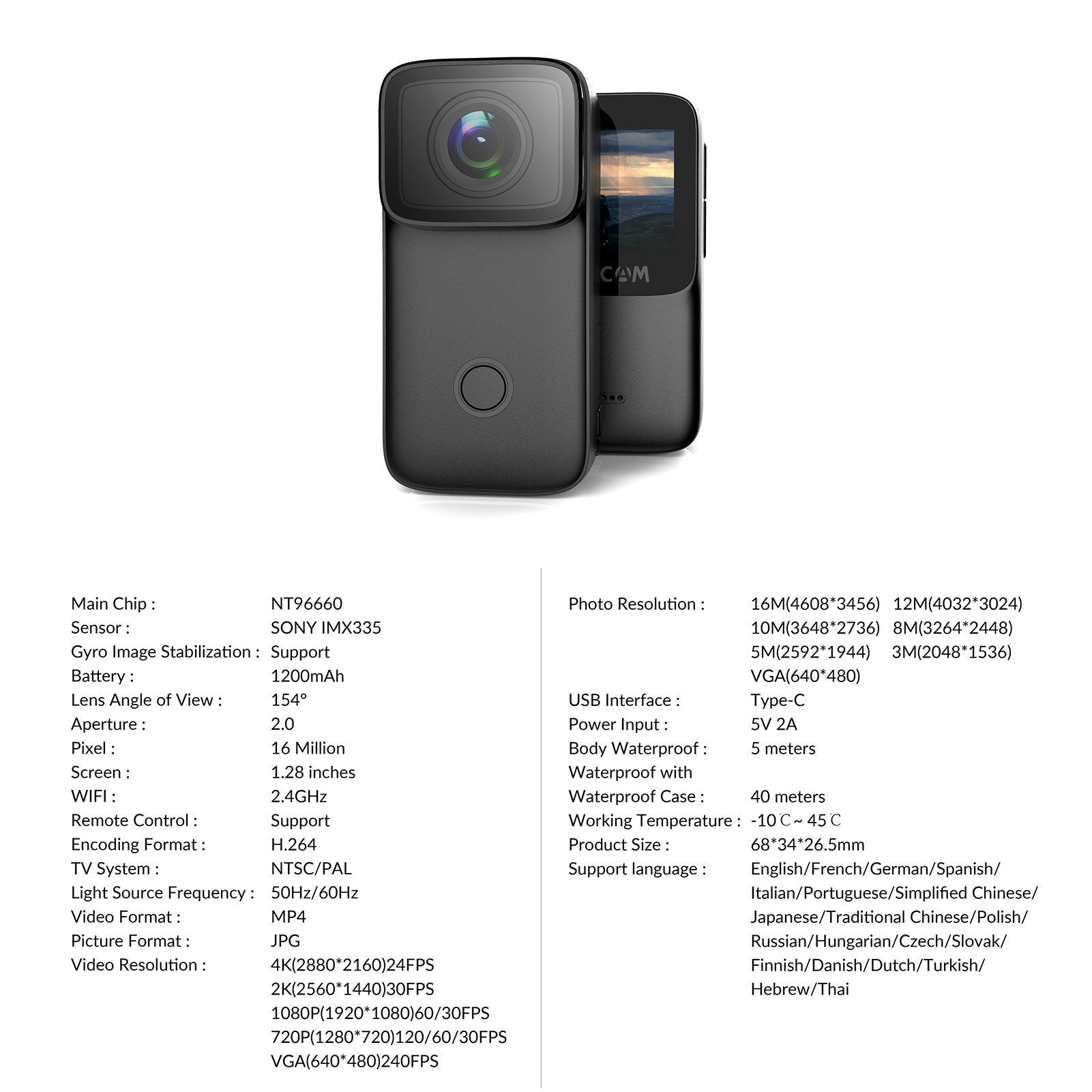 Covert 4K Mini WiFi Action Cam - 1.28" IPS, 5M Body Waterproof, 6-Axis Anti-Shake, Night Vision