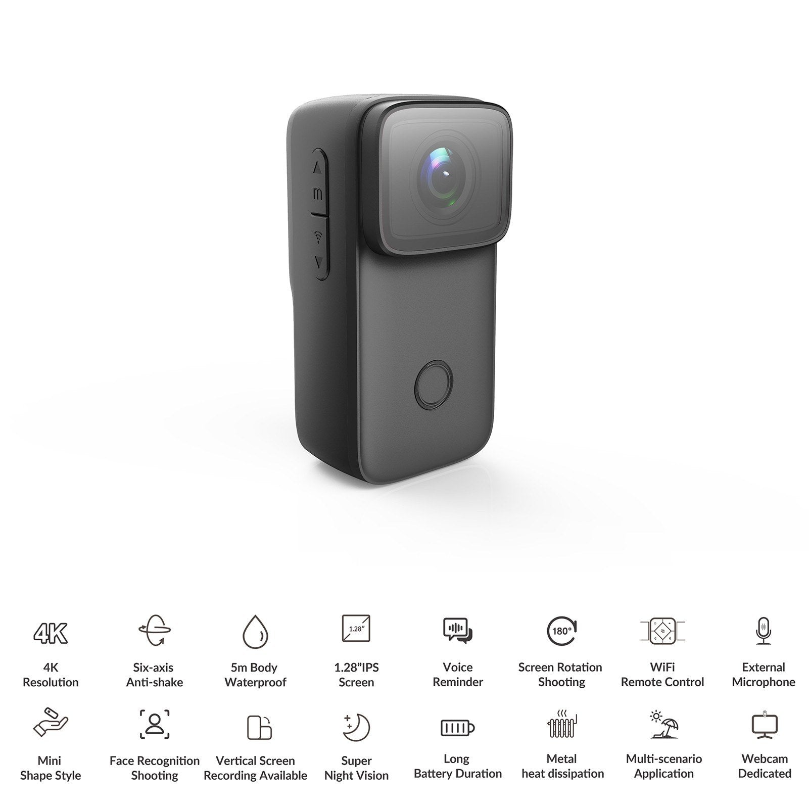 Covert 4K Mini WiFi Action Cam - 1.28" IPS, 5M Body Waterproof, 6-Axis Anti-Shake, Night Vision