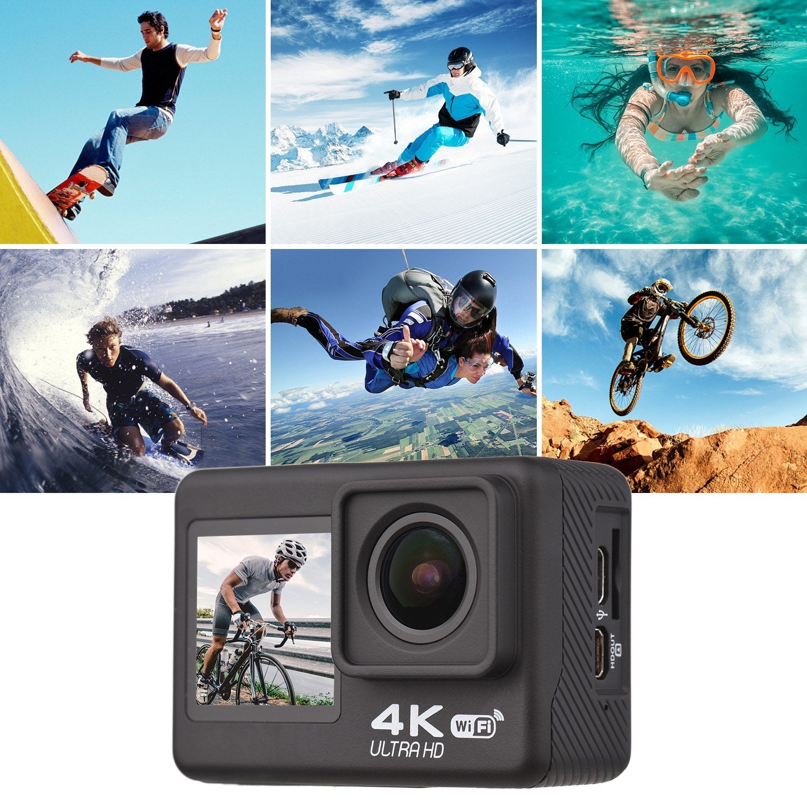 High-Res 4K 60FPS UHD WiFi Action Cam - Dual Screen, 170° Wide, 30M Waterproof, Remote Control