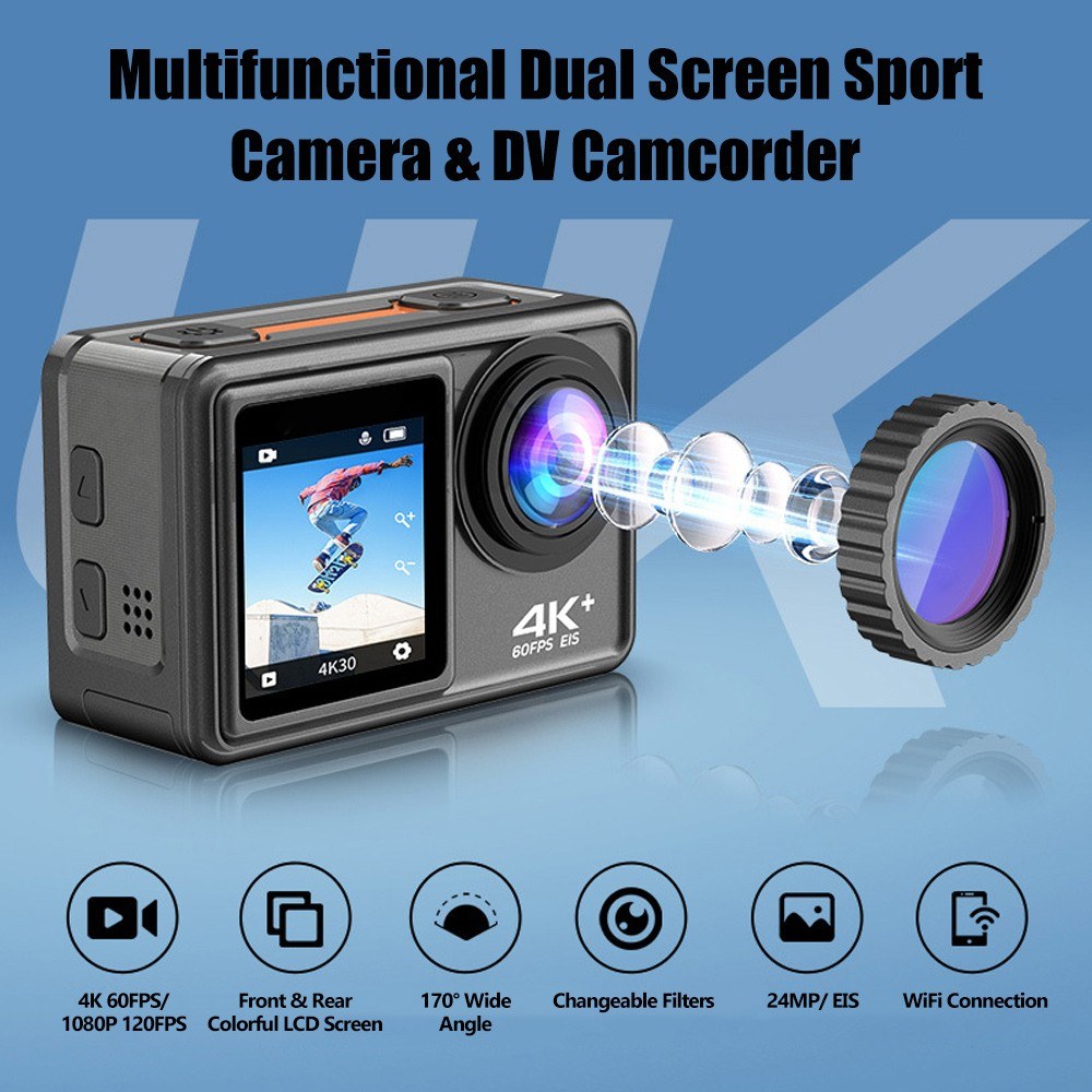 Pro-Grade 4K 24MP Dual Screen Sports DV - 170° Wide, EIS, 40M Waterproof, WiFi, Pro Lens Filters