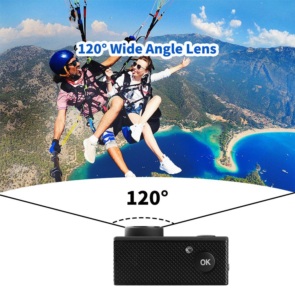 Rugged 1080P UHD Action Camera - 2.0" LCD, 12MP, 30M Waterproof, Anti-Shake, 120° Wide w/Case