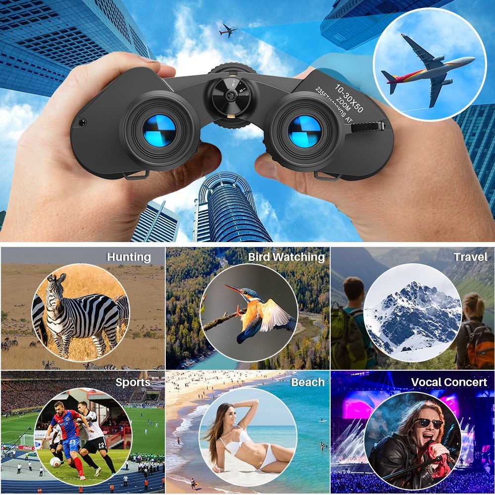 Portable Binoculars for Adults and Kids High Powered 10X-30X Magnification FMC Lens - BAK7 Prism Telescope Binoculars for Bird Watching Hiking Traveling Sports Concert with Carrying Bag