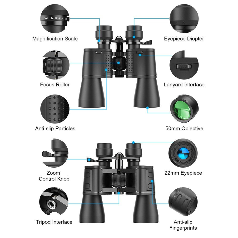 Portable Binoculars for Adults and Kids High Powered 10X-30X Magnification FMC Lens - BAK7 Prism Telescope Binoculars for Bird Watching Hiking Traveling Sports Concert with Carrying Bag