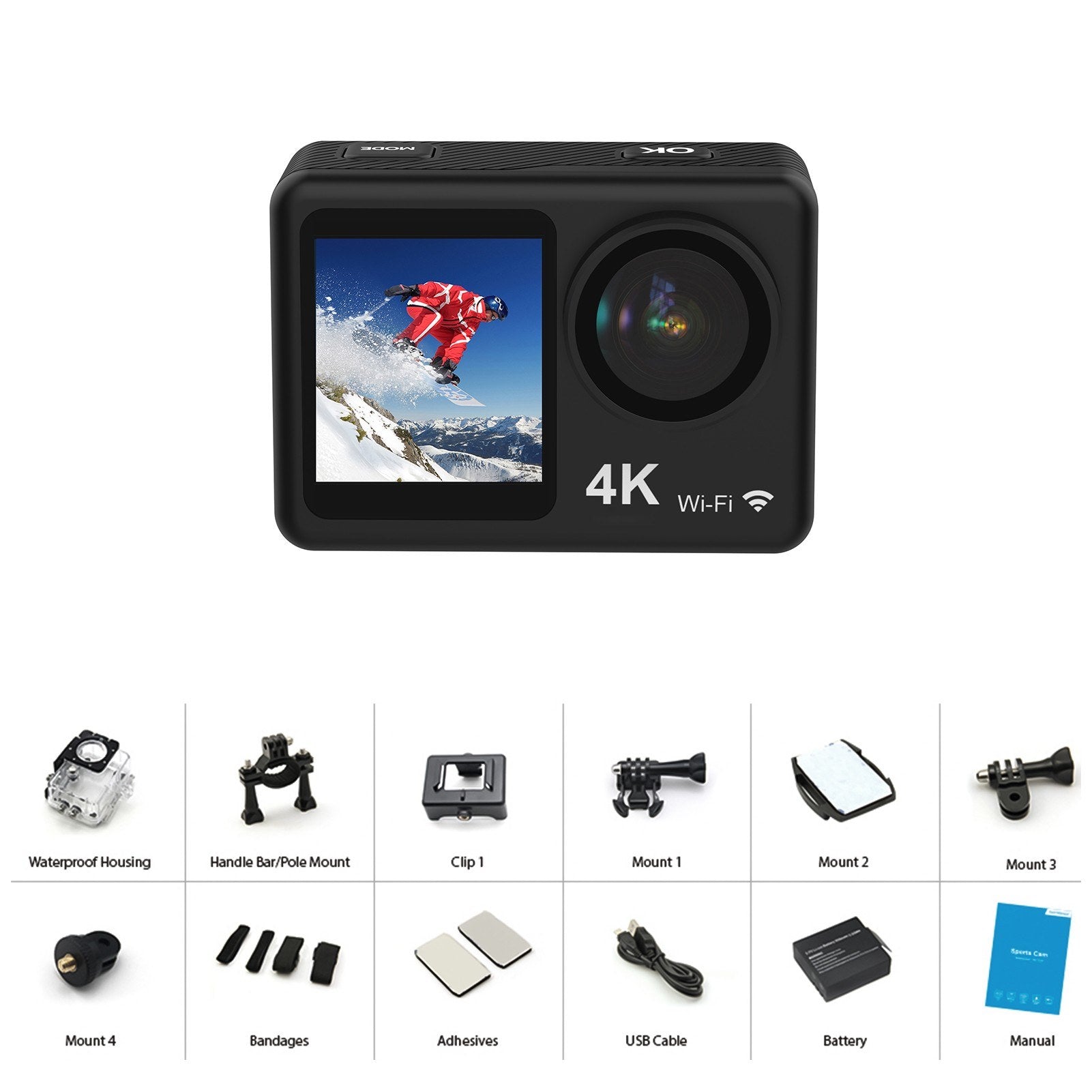 Pro 4K 30FPS 16MP WiFi Sports Cam - 160° Wide, Dual Screen, 30M Waterproof, Dive/Ski Kit