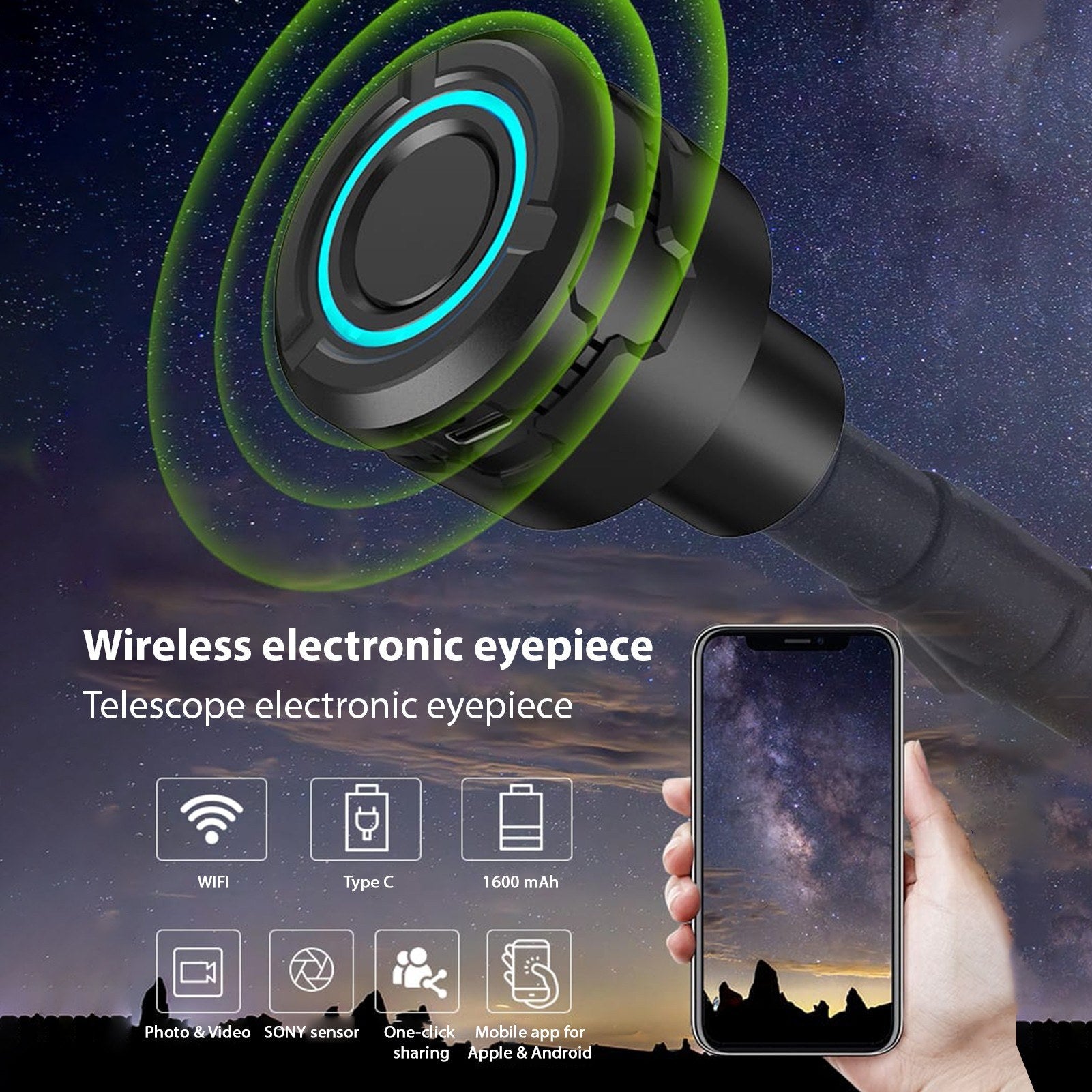 Wireless WiFi Digital Eyepiece for Telescope Camera 4K Video Recording Photo Taking Built-in Battery Electronic Eyepiece for 1.25 inch Telescope
