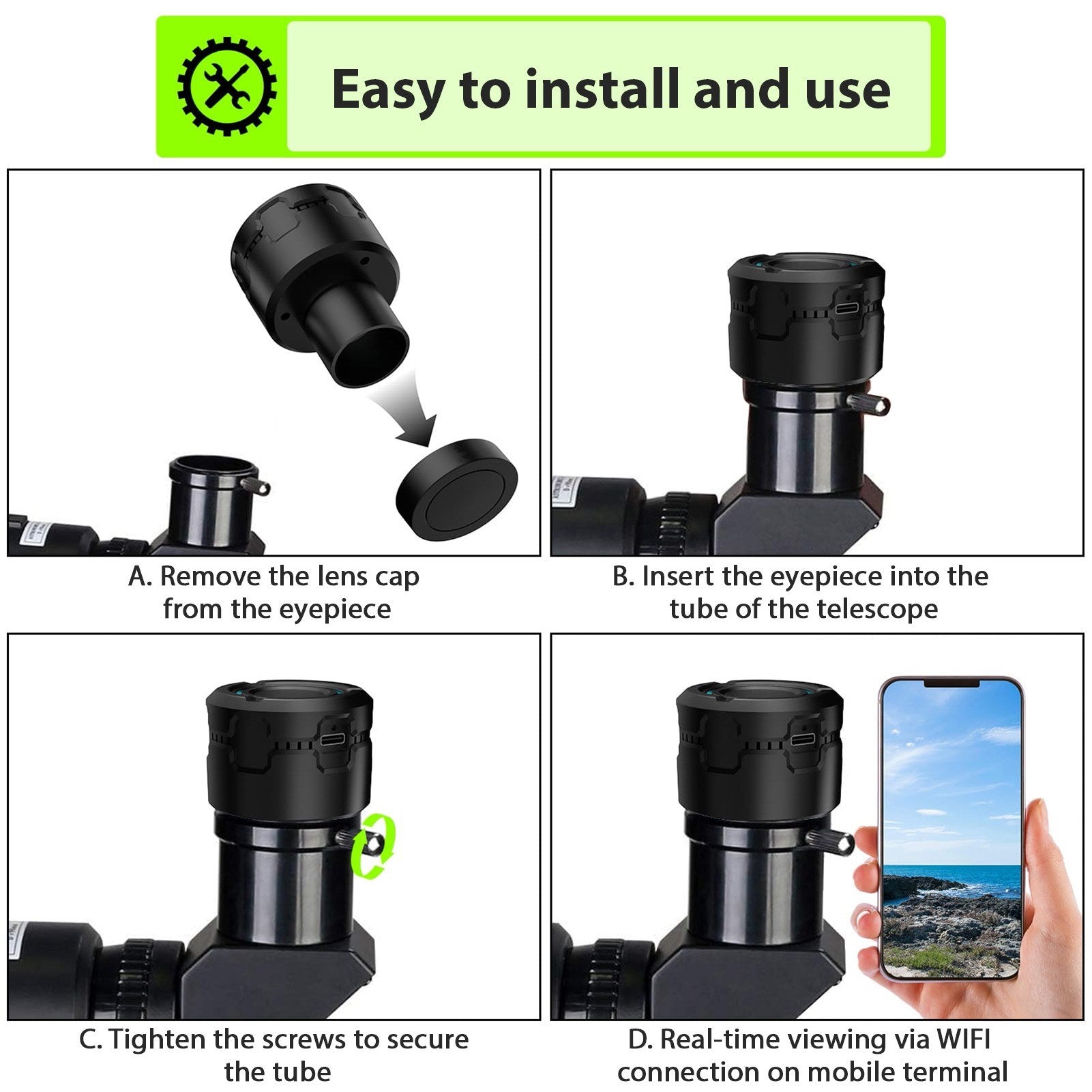 Wireless WiFi Digital Eyepiece for Telescope Camera 4K Video Recording Photo Taking Built-in Battery Electronic Eyepiece for 1.25 inch Telescope