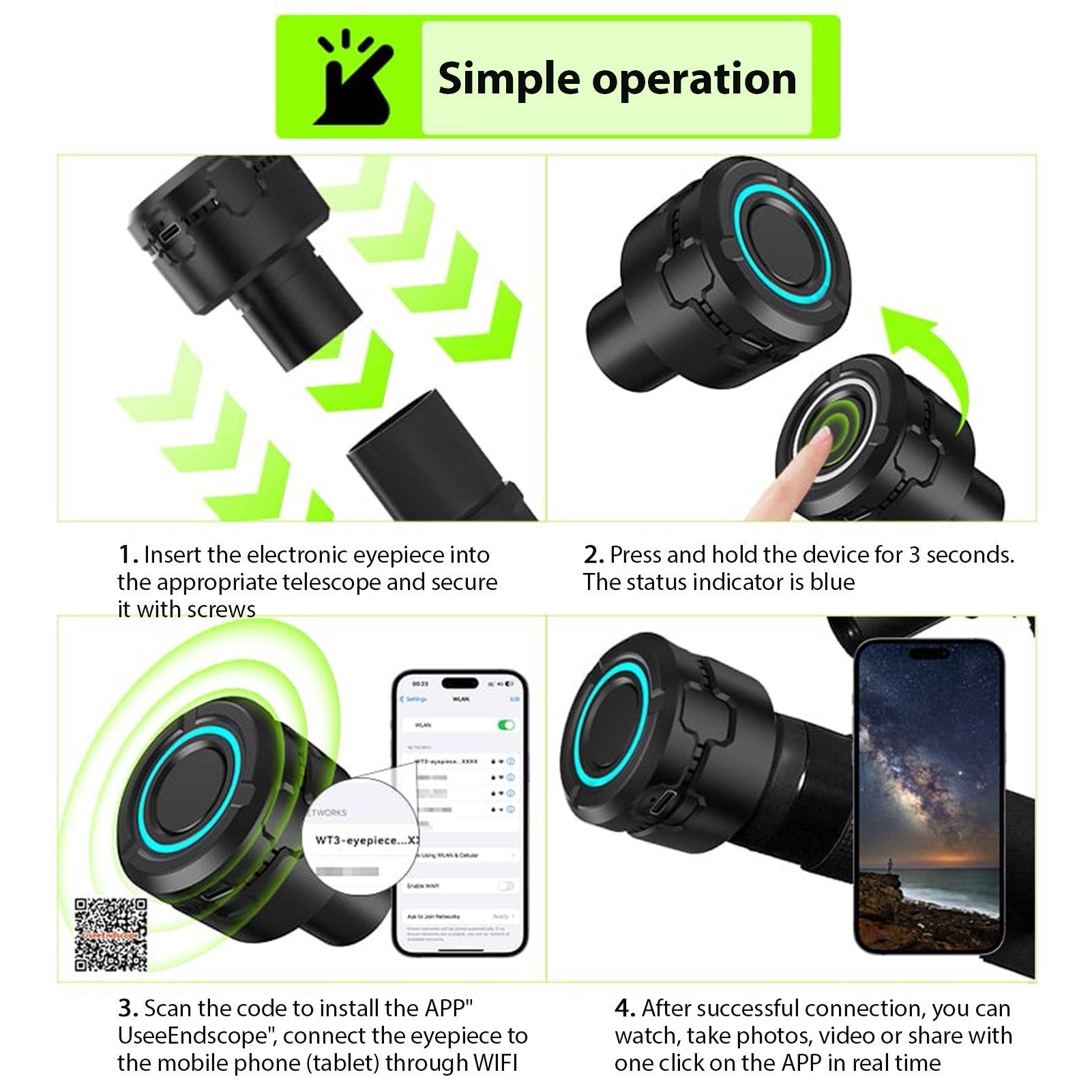 Wireless WiFi Digital Eyepiece for Telescope Camera 4K Video Recording Photo Taking Built-in Battery Electronic Eyepiece for 1.25 inch Telescope