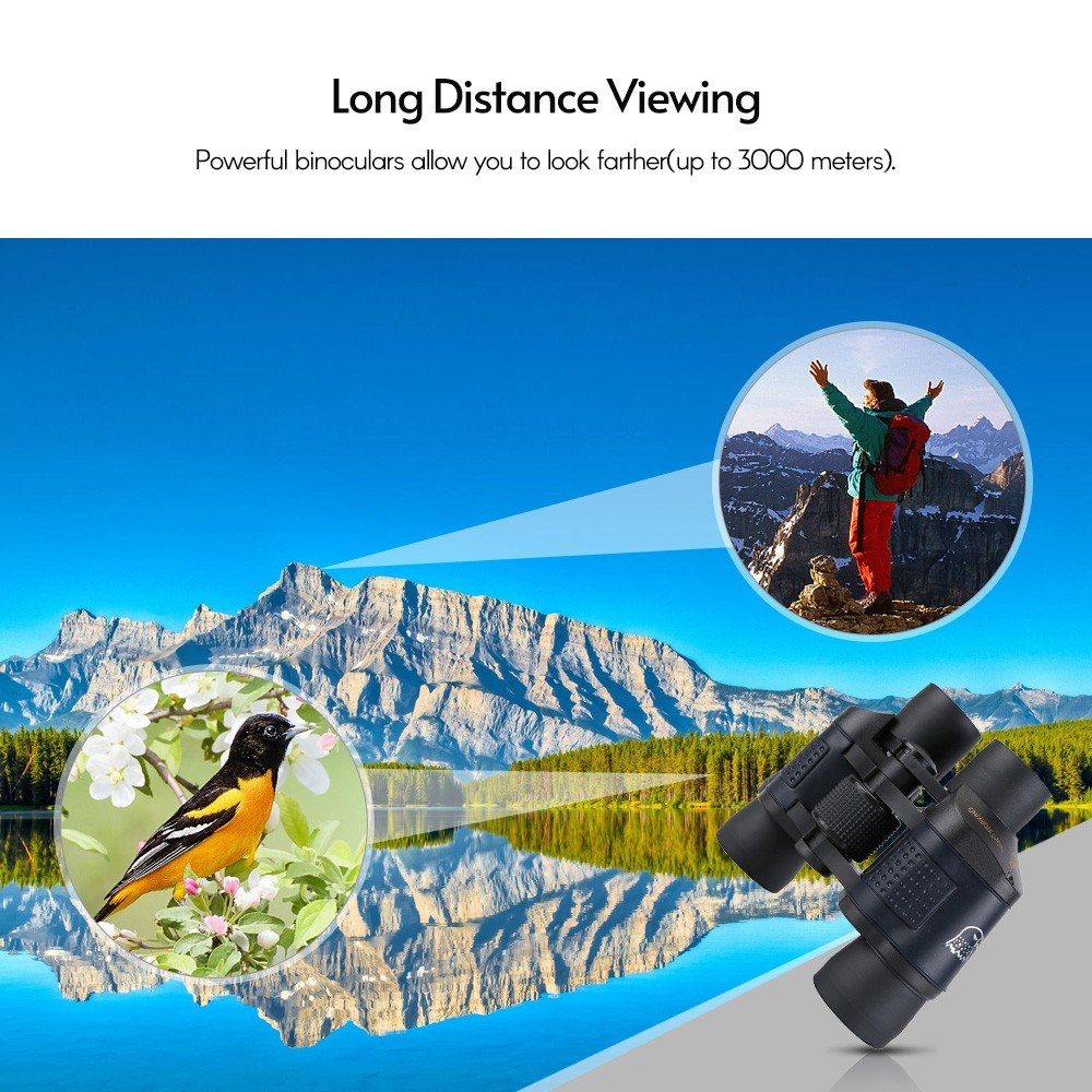 60x60 Binoculars Compact Waterproof Binocular Telescope - with Low Light Night Vision Carrying Bag Lanyard Cleaning Cloth for Concert Sports Events Wildlife Bird Watching