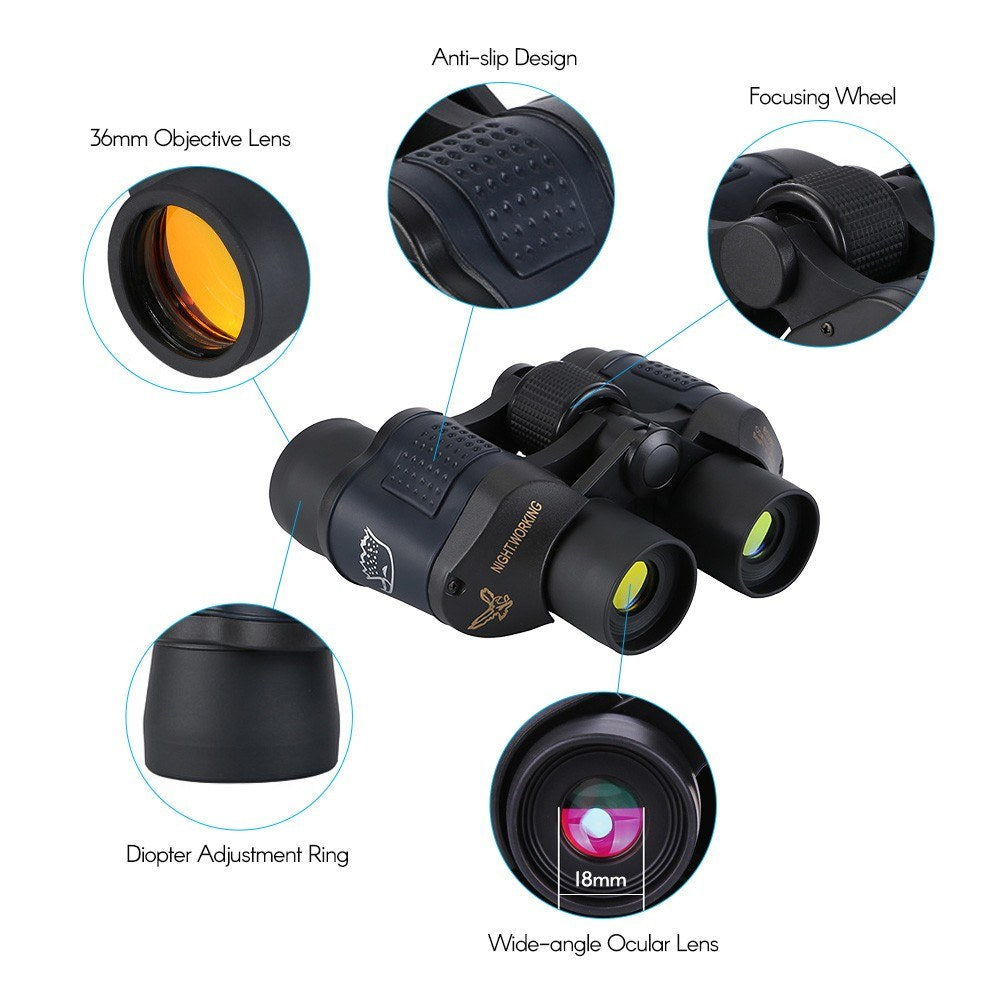 60x60 Binoculars Compact Waterproof Binocular Telescope - with Low Light Night Vision Carrying Bag Lanyard Cleaning Cloth for Concert Sports Events Wildlife Bird Watching