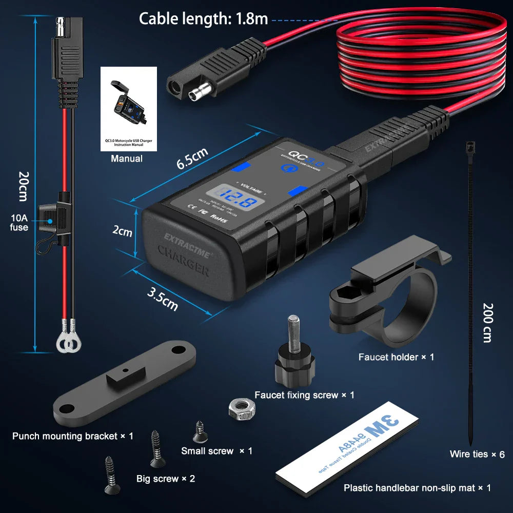 6.8A QC3.0 Waterproof Motorcycle USB Charger - Dual Ports, Quick Charge, LED Voltmeter, SAE Extension Cord Included