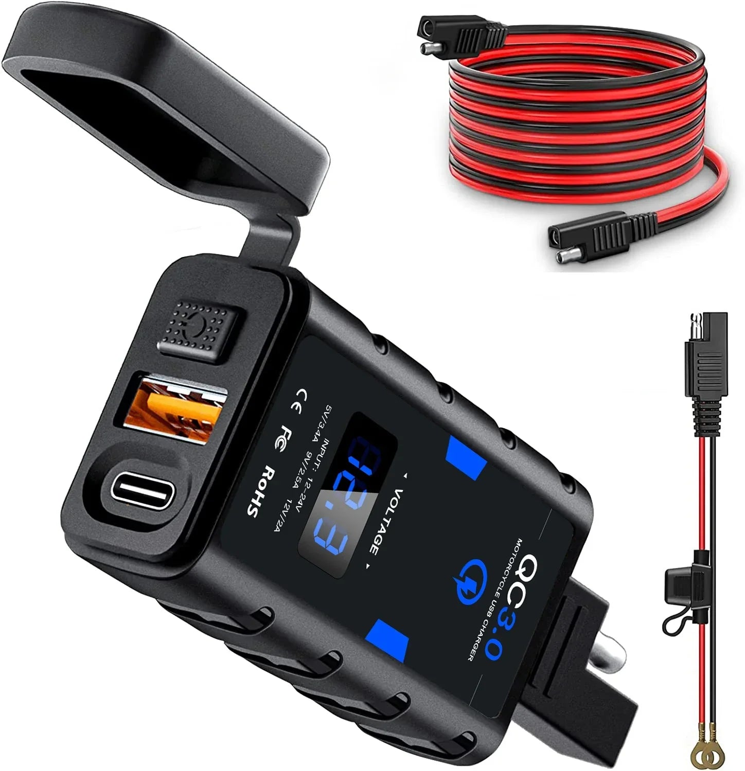 6.8A QC3.0 Waterproof Motorcycle USB Charger - Dual Ports, Quick Charge, LED Voltmeter, SAE Extension Cord Included