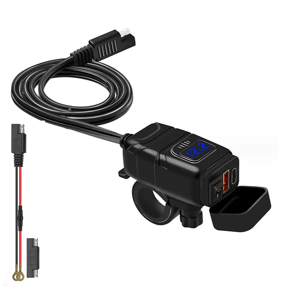 6.8A QC3.0 Waterproof Motorcycle USB Charger - Dual Ports, Quick Charge, LED Voltmeter, SAE Extension Cord Included