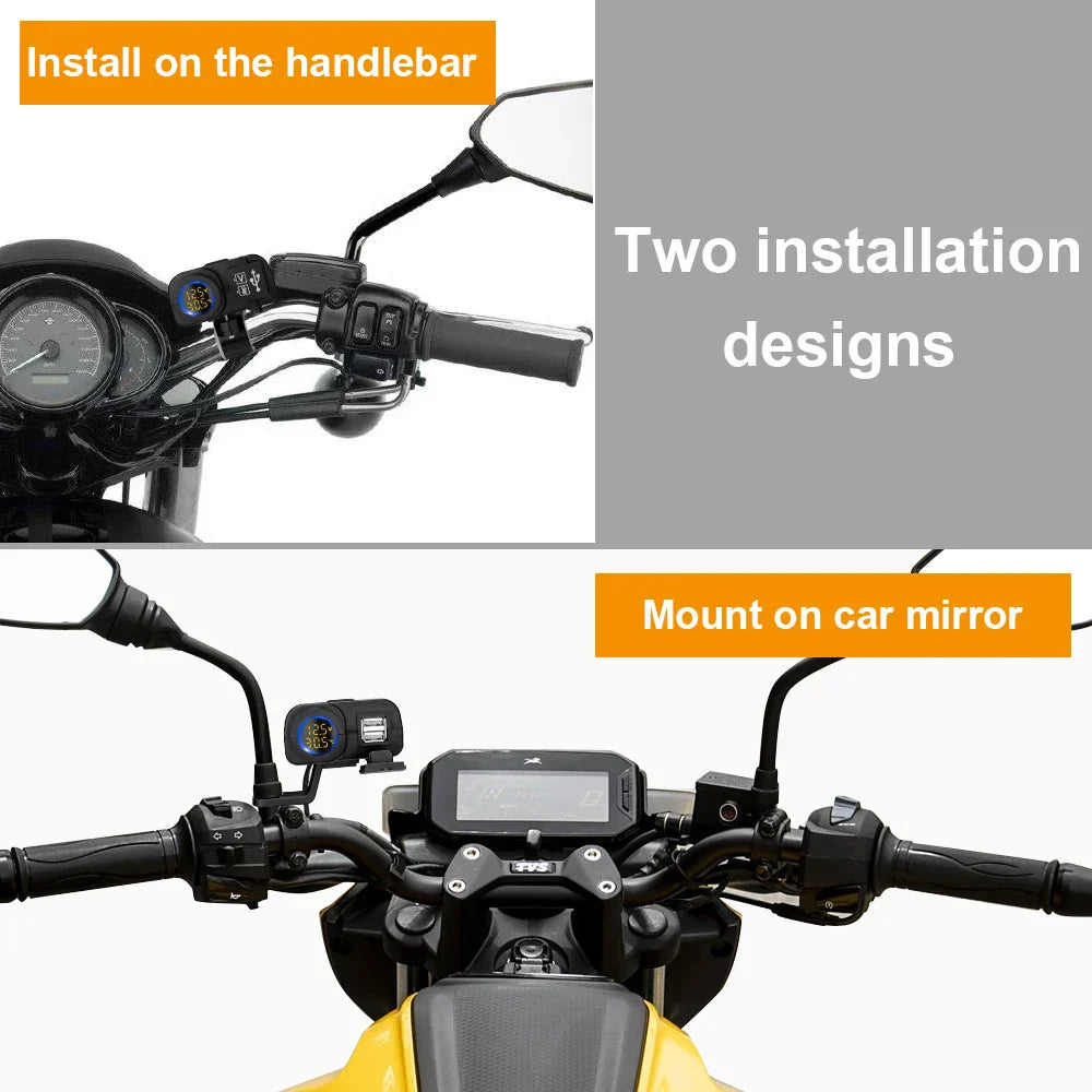 Motorcycle Dual USB Charger Adapter with Real-Time Display, Waterproof, 18W Output, Handlebar Installation