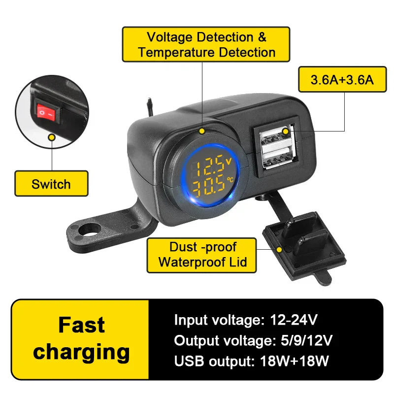 Motorcycle Dual USB Charger Adapter with Real-Time Display, Waterproof, 18W Output, Handlebar Installation