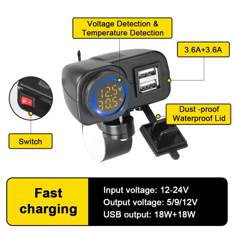 Motorcycle Dual USB Charger Adapter with Real-Time Display, Waterproof, 18W Output, Handlebar Installation