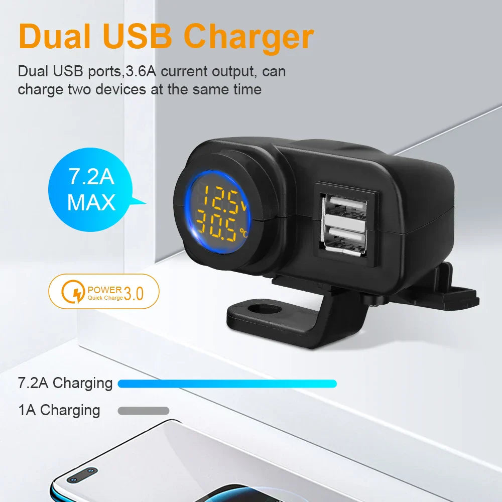 Motorcycle Dual USB Charger Adapter with Real-Time Display, Waterproof, 18W Output, Handlebar Installation
