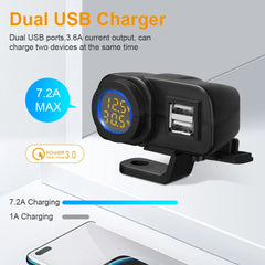 Motorcycle Dual USB Charger Adapter with Real-Time Display, Waterproof, 18W Output, Handlebar Installation