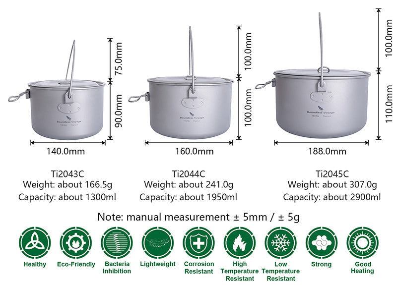 Big Capacity Titanium Camping Pot Outdoor Hanging Pot Portable Camping Picnic Water Cup