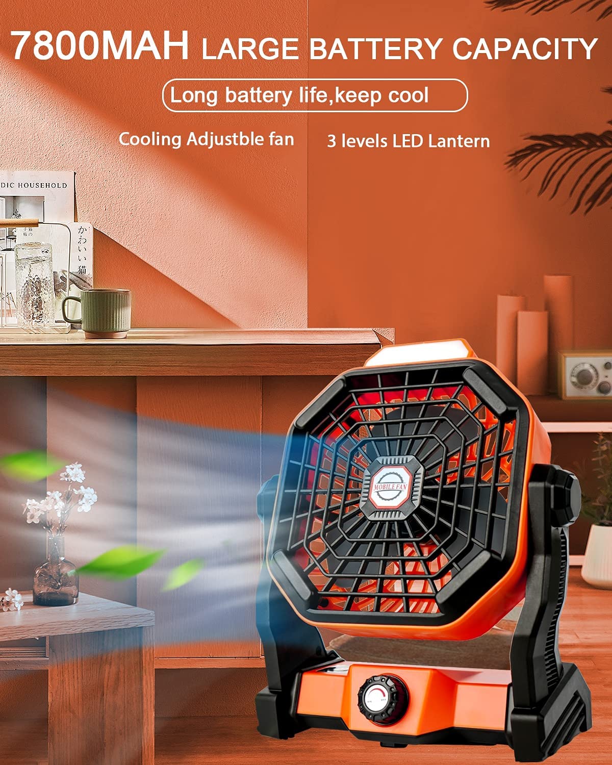 USB Movable Portable Rechargeable Adjustable Speed Lantern Camping Fan With Led Lights For Tent 7800mAh Battery Operated Powered