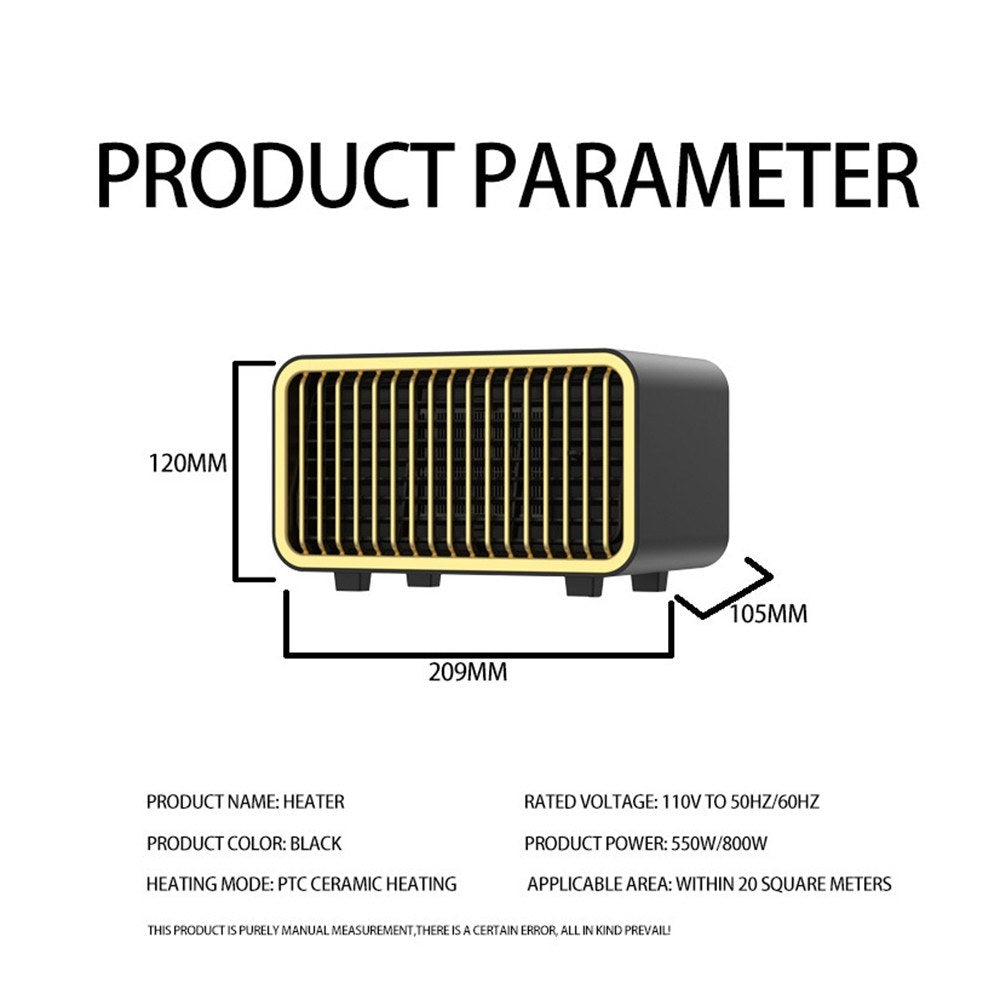 Portable 800W PTC Ceramic Space Heater - Quiet, Fast Heating, Tip-Over & Overheat Protection, 2 Adjustable Gears for Bedroom/Office