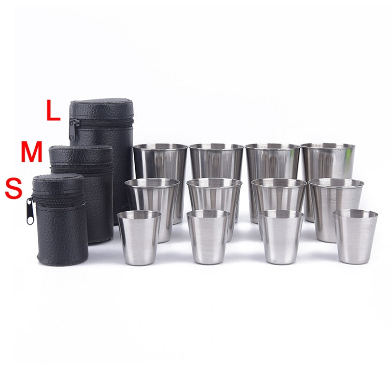 Outdoor Camping Cup Tableware 30ml/70ml/170ml Travel Cups Set Stainless Steel Cover Mug Drinking Coffee Tea Beer With Case