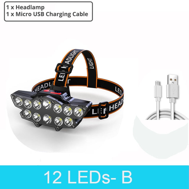 12 LED Headlamp Rechargeable Fishing headlight Super Bright Camping Lantern Light Waterproof Outdoor Run Hiking Head Lamp