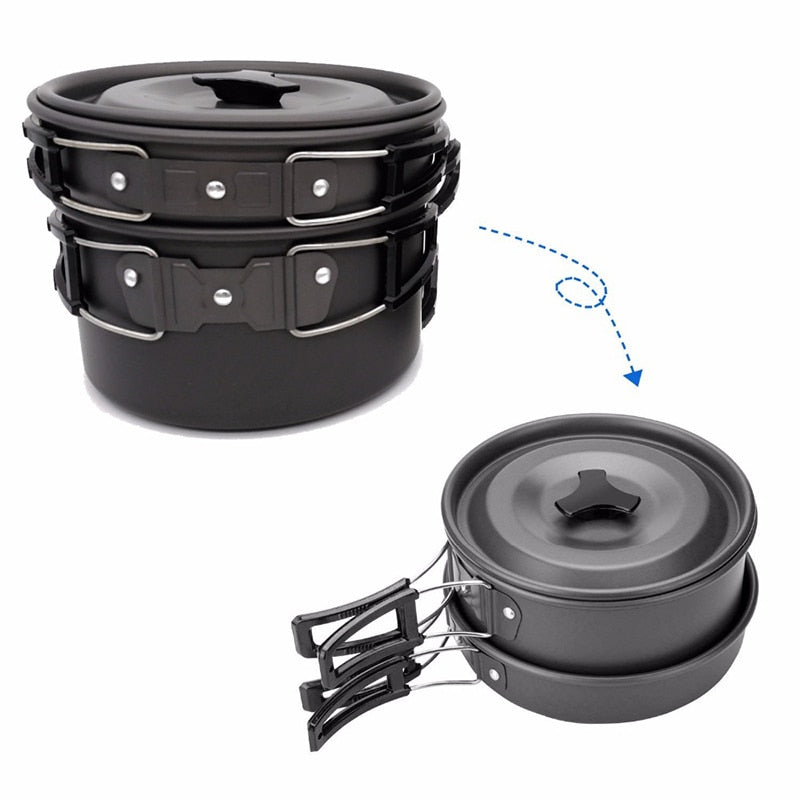 1 Set Outdoor Pots Pans Camping Cookware Picnic Cooking Set Non-stick Tableware With Foldable Spoon Fork Knife Kettle Cup