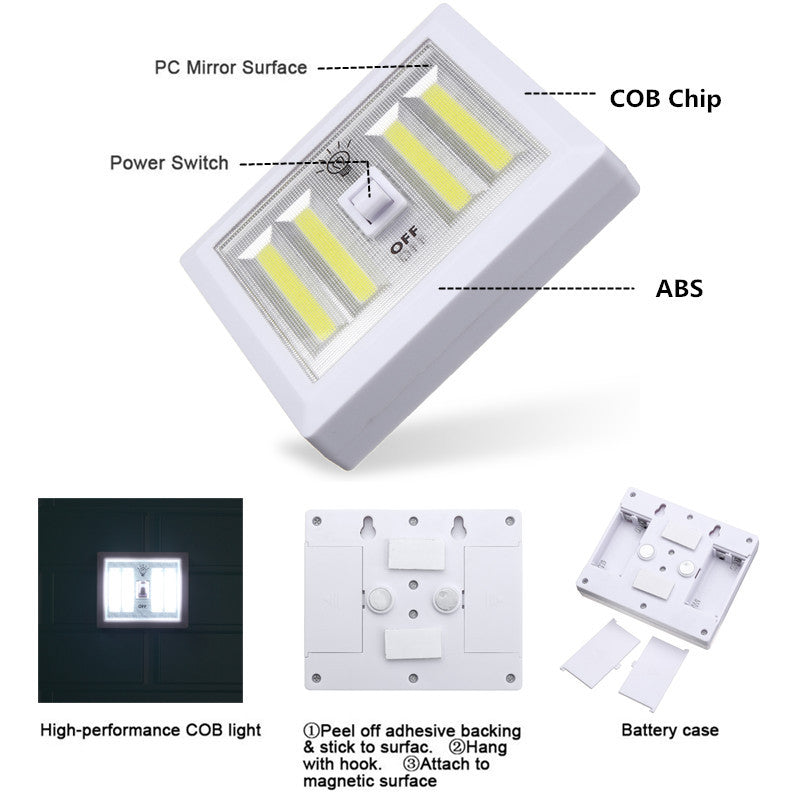 Battery Powered 4 COB LED Switch Night Light Wall Lamp For Kitchen Cabinet Garage Closet Camp Emergency Lamp