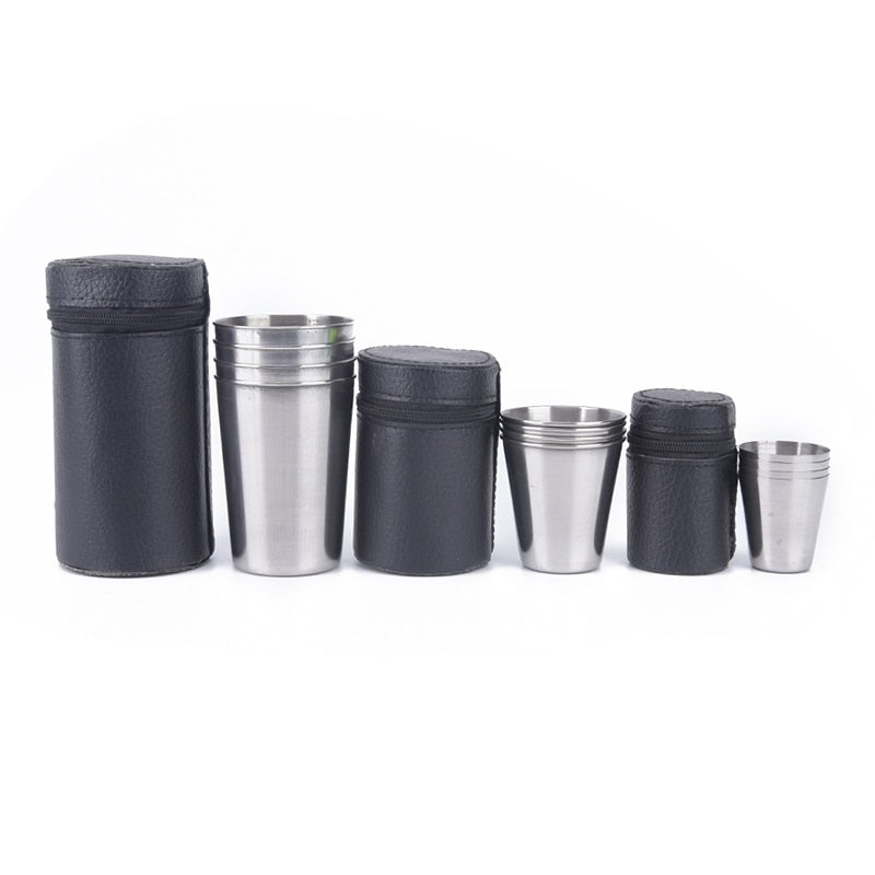 Outdoor Camping Cup Tableware 30ml/70ml/170ml Travel Cups Set Stainless Steel Cover Mug Drinking Coffee Tea Beer With Case