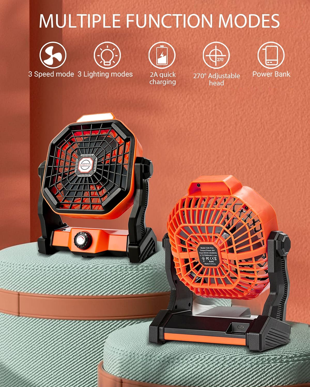 USB Movable Portable Rechargeable Adjustable Speed Lantern Camping Fan With Led Lights For Tent 7800mAh Battery Operated Powered