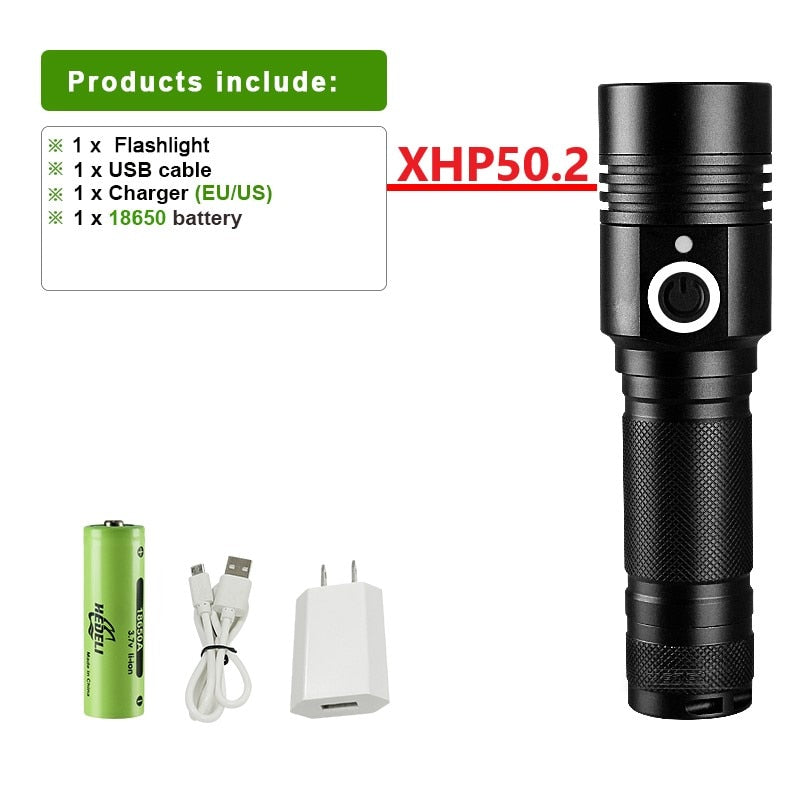 Powerful Led Flashlight XHP90 High Power Torch light Rechargeable Tactical flashlight 18650 Usb Camping Lamp