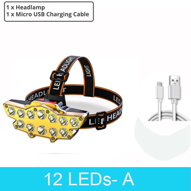 12 LED Headlamp Rechargeable Fishing headlight Super Bright Camping Lantern Light Waterproof Outdoor Run Hiking Head Lamp