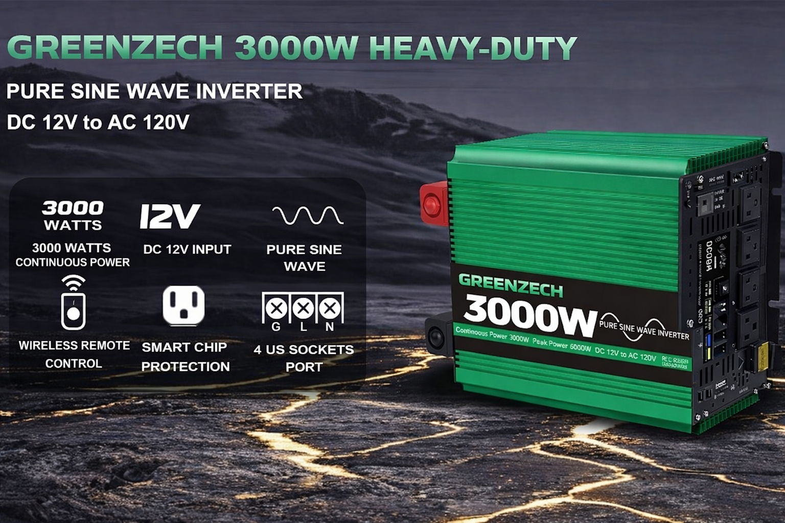 GreenZech Elite 3000W Pure Sine Wave Power Inverter | 12V/24V DC to 110V/120V AC | 6000W Peak Professional Converter