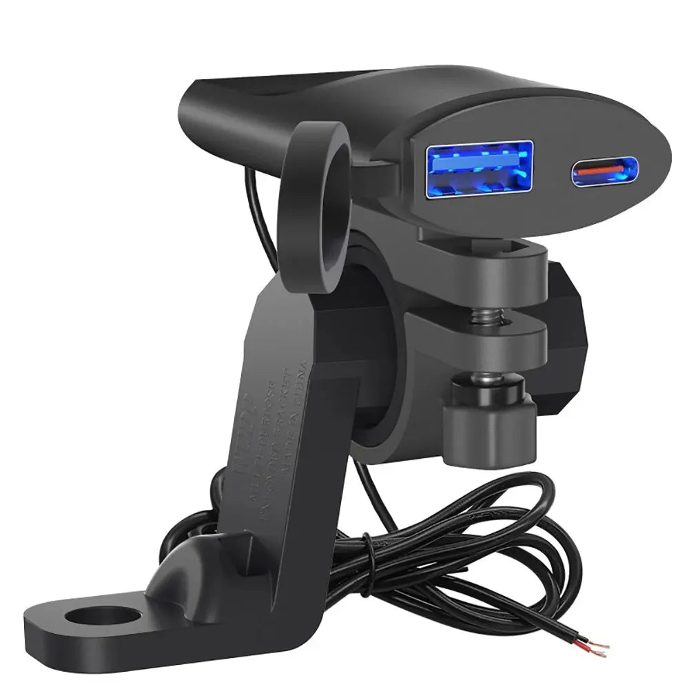 Dual Fast Charging USB Charger for Motorcycles, 30W USB-C & 18W USB-A, Safe, Portable, Easy Installation, Black