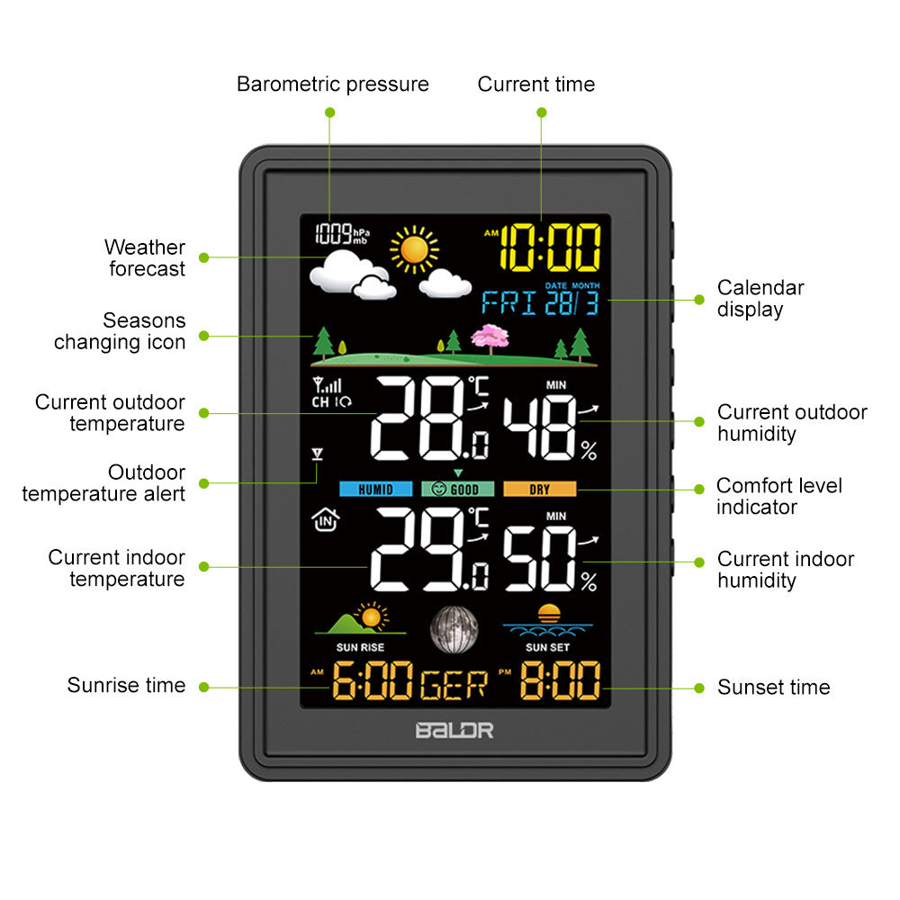 Wireless Digital Color Display Weather Station Clock Barometer Thermometer Hygrometer Trend Sun Time Forecast Sensor -40℃