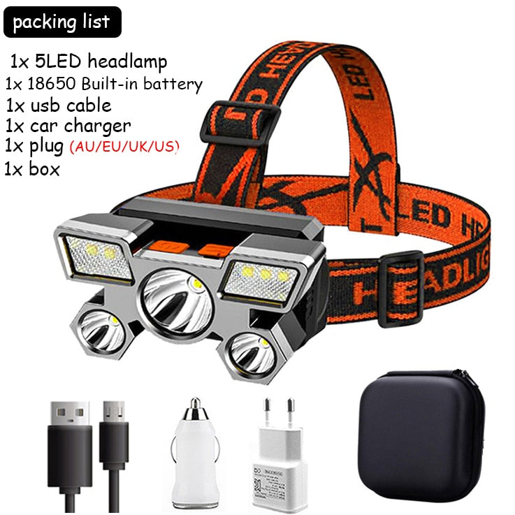 5LED with Built-in 18650 Battery USB Rechargeable Portable Flashlight Lantern Headlamp Outdoor Camping Headlight Headlamps