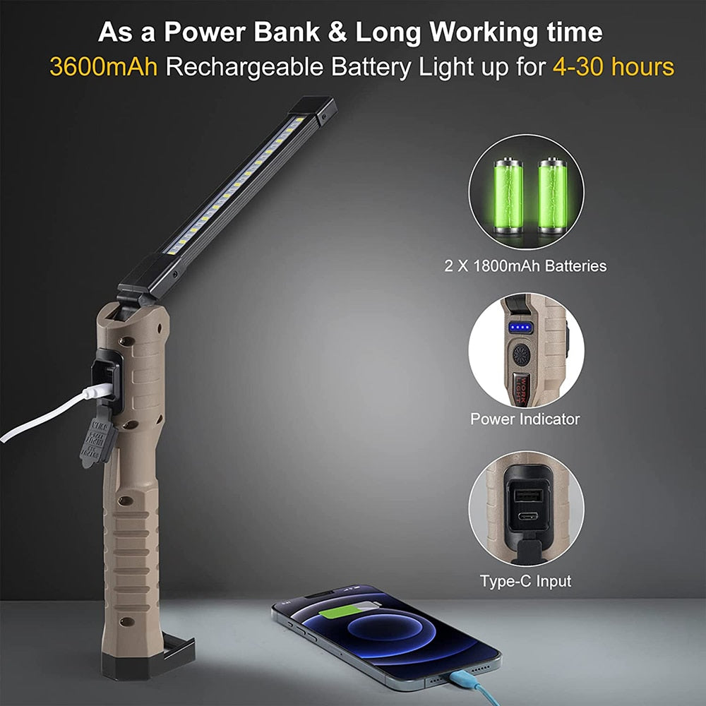 Rechargeable LED Work Light 1000 Lumens COB Work Lights with Power Capacity Indicator Handled Flashlights for Outdoor Car Repair