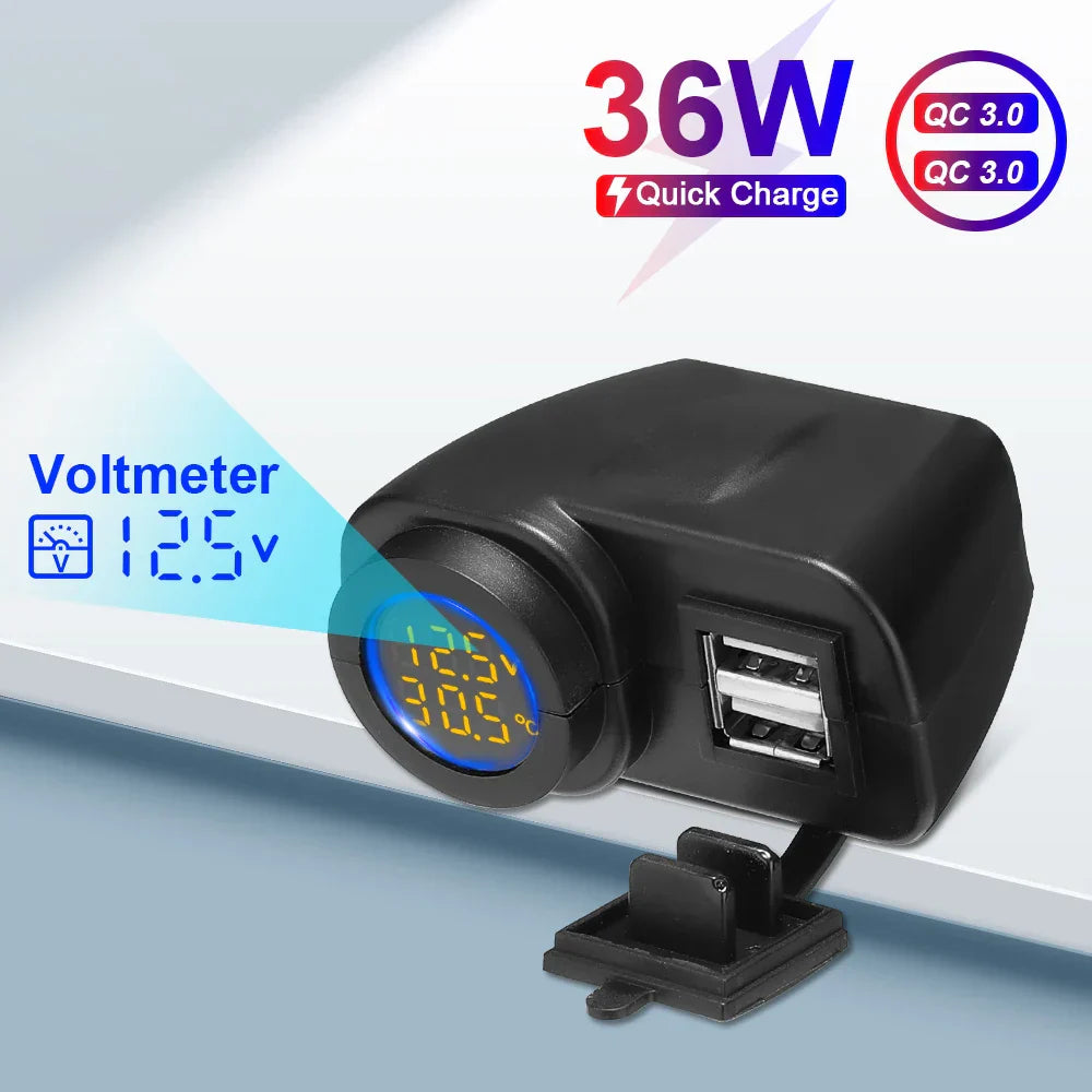 Motorcycle Dual USB Charger Adapter with Real-Time Display, Waterproof, 18W Output, Handlebar Installation