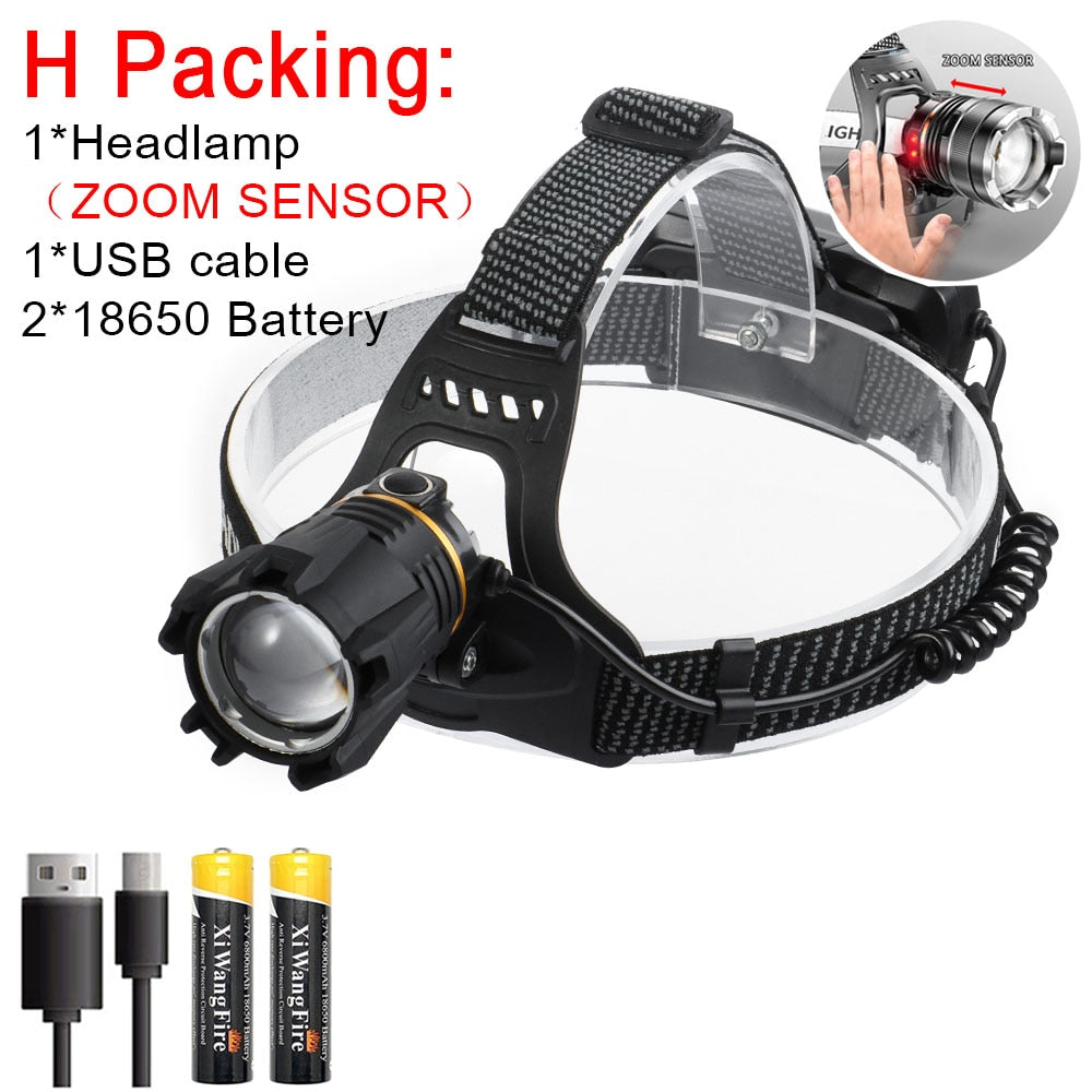 High Powerful ZOOM Sensor Headlamp XHP50 Super Bright Outdoor Headlight torch Flashlight USB Rechargeable Light Fishing Light
