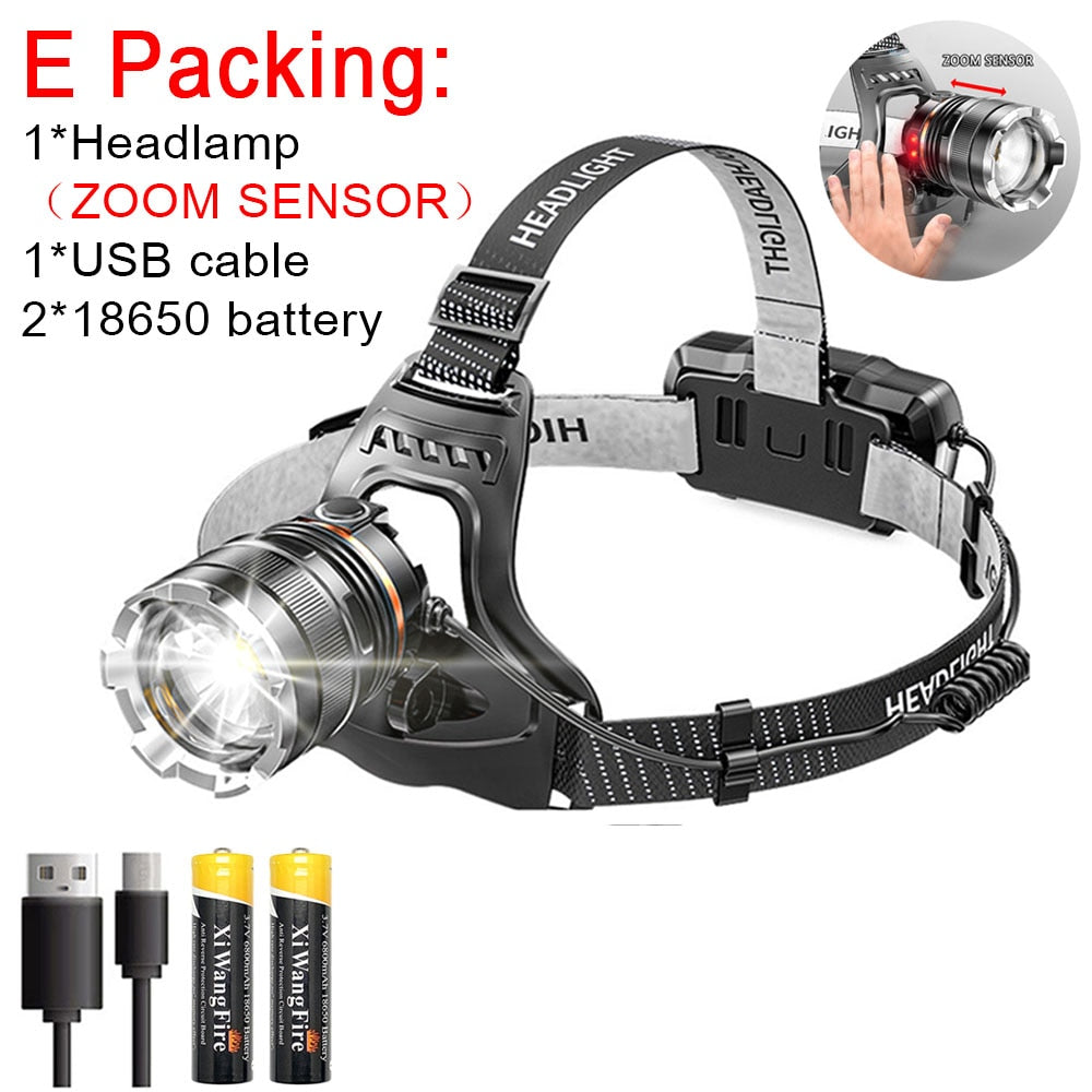 High Powerful ZOOM Sensor Headlamp XHP50 Super Bright Outdoor Headlight torch Flashlight USB Rechargeable Light Fishing Light