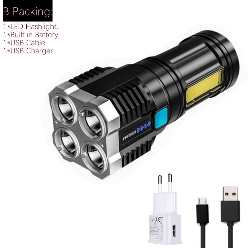 Plastic 4 Lighting Light 4 LED COB Flashlight Mini Portable hand lantern USB Rechargeable With Built-in 18650 Battery