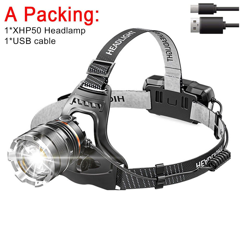 High Powerful ZOOM Sensor Headlamp XHP50 Super Bright Outdoor Headlight torch Flashlight USB Rechargeable Light Fishing Light