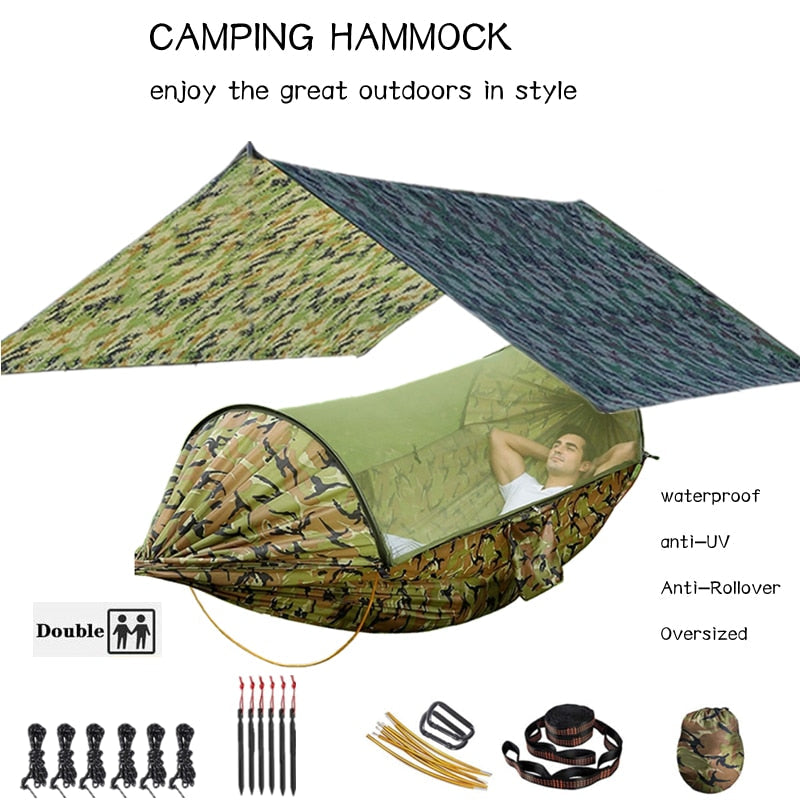 Outdoor Hammock for Travel Camping Hiking Garden Hammock 2 Person Portable Hammock Sleep Swing with Mosquito Net Rain Fly Tarp