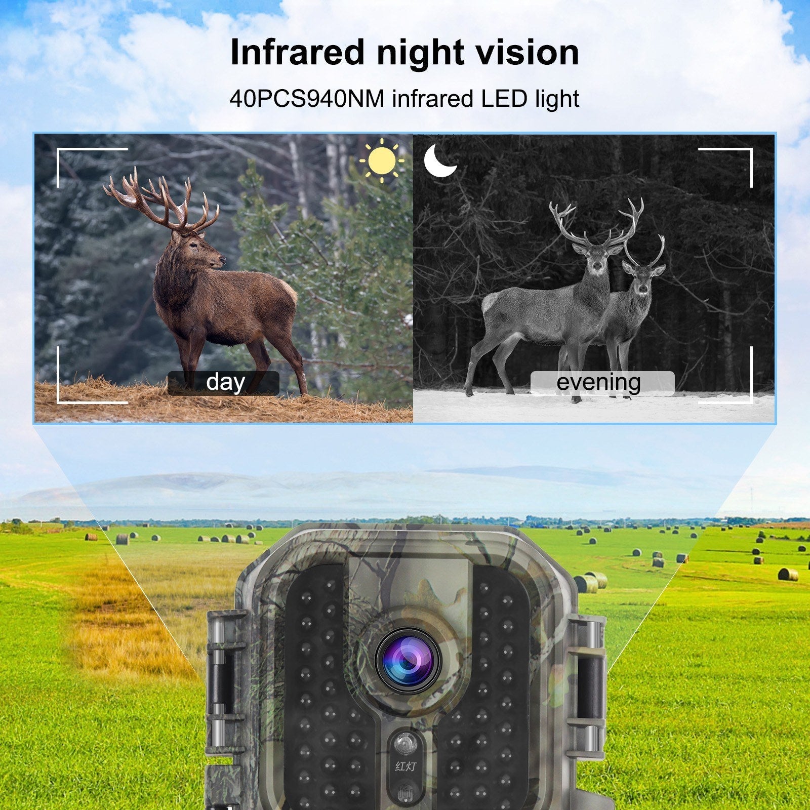 30MP 4K Trail Camera Hunting Camera 2 Inch IPS LCD Color Screen 48 Infrared LED Lights