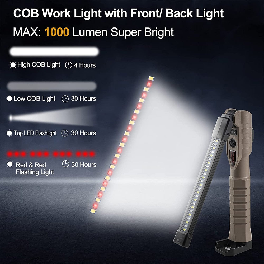 Rechargeable LED Work Light 1000 Lumens COB Work Lights with Power Capacity Indicator Handled Flashlights for Outdoor Car Repair