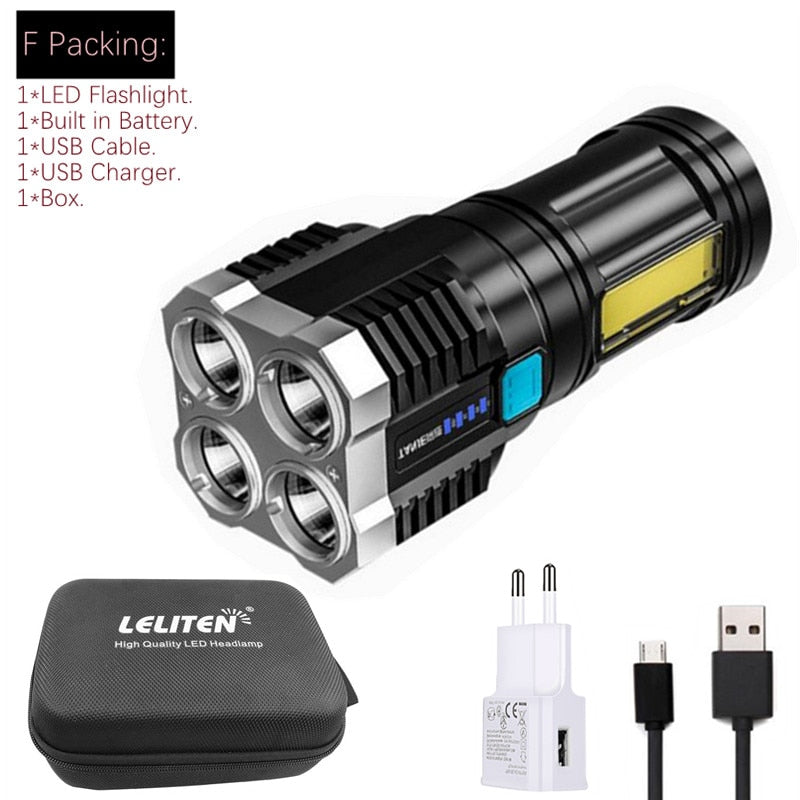 Plastic 4 Lighting Light 4 LED COB Flashlight Mini Portable hand lantern USB Rechargeable With Built-in 18650 Battery