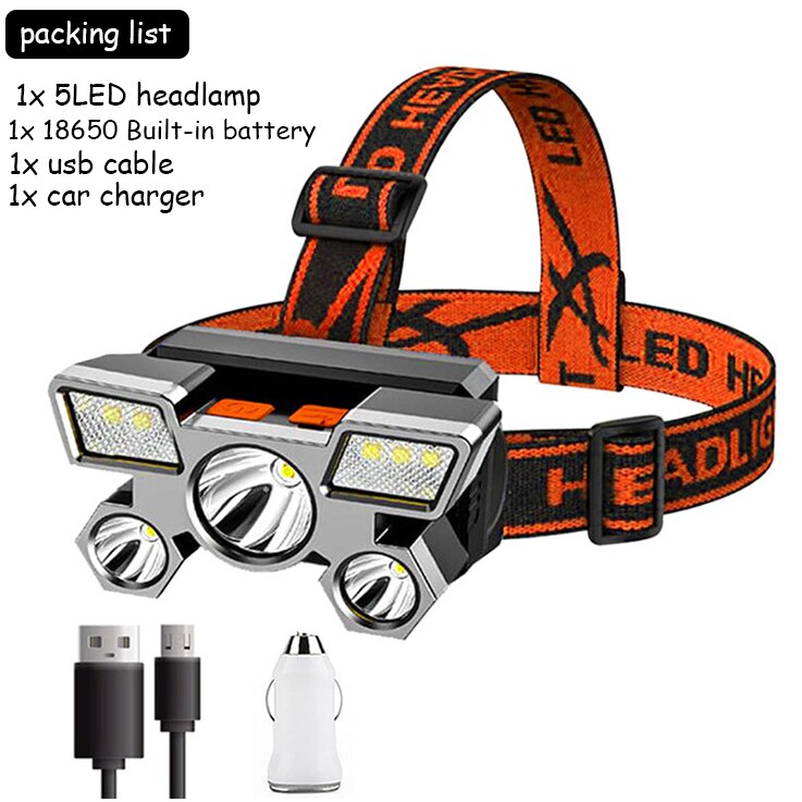 5LED with Built-in 18650 Battery USB Rechargeable Portable Flashlight Lantern Headlamp Outdoor Camping Headlight Headlamps
